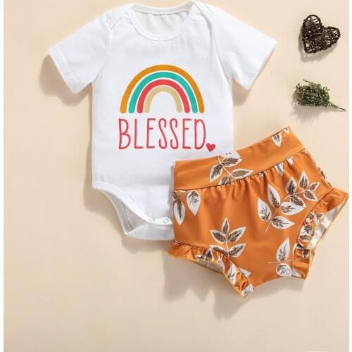 Baby Boys Girls Summer 2Pcs Casual Outfits Rainbow Print Short Sleeves Romper + Leaf Print Shorts Toddler Kids Cotton Outwear