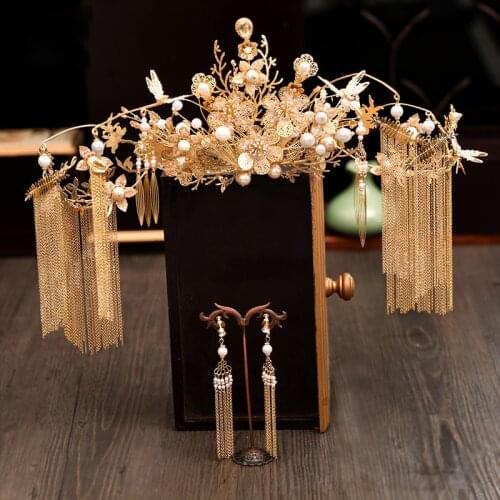 Dragon and Phoenix New Bridal Wedding Head Golden Crown Long Chinese Wedding Hair jewelry