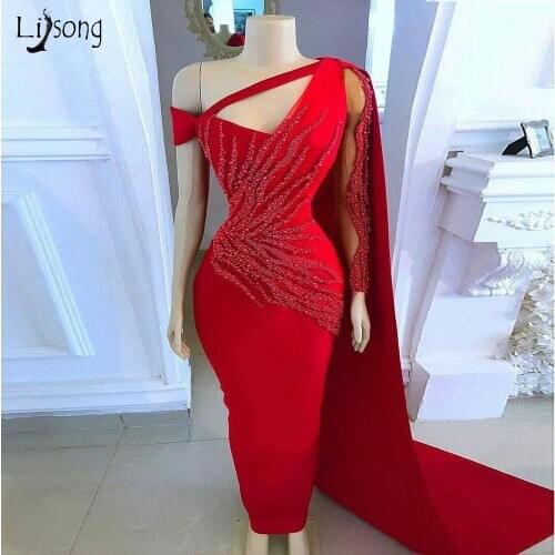 High End Sheath Red Pearls Evening Dresses One Shoulder Long Evening Gowns Beads Formal Dress Vestidos De Fiesta