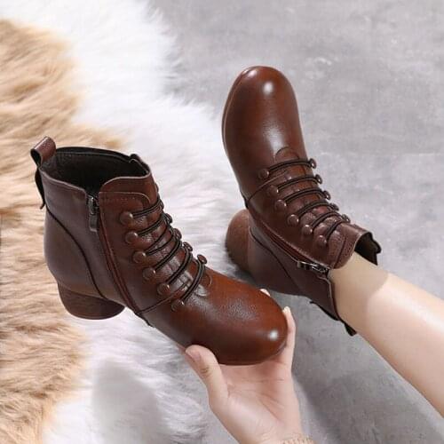 Fashion Laced Modern Heeled Shoes Womens Boots With Zipper Brown Round Heels Ankle Boots For Women Med Heel Leather Boot Ladies