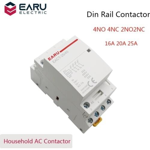 4P 16-25A AC 220V 230V 50/60Hz Din Rail Household AC Modular Contactor Switch Controller 4NO 4NC 2NO 2NC Smart Home House Hotel