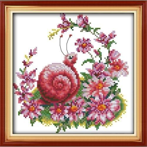 A Snail And Beautiful Flowers Chinese Cross Stitch Kits Ecological Cotton Stamped Printed 11CT DIY New Year Decorations For Home