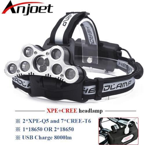 Anjoet super bright headlamp 9 CREE XML T6 LED headlight usb rechargeable head lamp 18650 high power led torch head flashlight