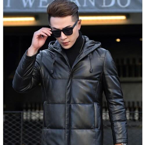 Genuine Leather Jacket Men Real Sheepskin Leather Duck Down Coat Winter Warm Thick Plus Size 4XL Streetwear MF128