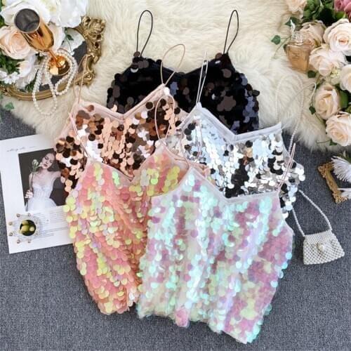 New Fashion Sexy Women Sequined Vest Solid V-neck Tank Summer Outfits Lady Short paragraph Sparkling Tanks Tops Bottomings 1101