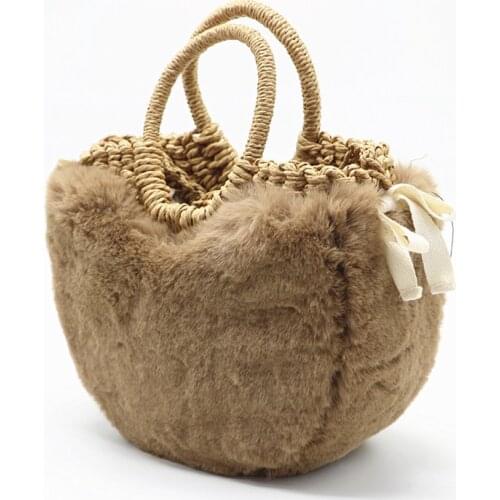 New winter womens woven bag girls plush straw handbag plush jacket mini basket straw bag small Messenger bag