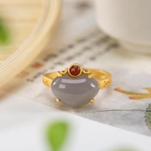 Original S925 Sterling Silver Gold Plated Hetian Jade Smokey Violet Retro Creative Archaistic Peach Temperament Female Opening R