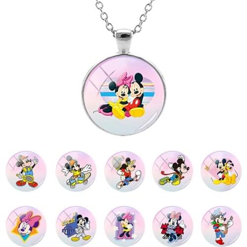 Disney Mickey Mouse Print Flat Bottom 25mm Glass Dome Pendant Necklace for Lovely Girls Cabochon Jewelry Gift Hot Sale MIK720-25
