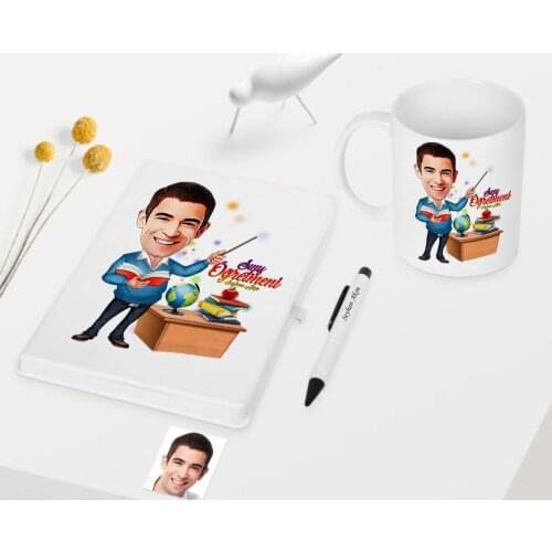 Personalized Mr Teacher Themed Caricature Of White Notebook Pen Mug set-3