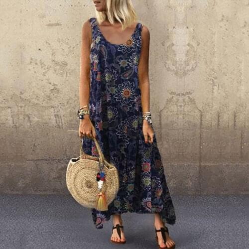 Beach Dress Sleeveless Casual Loose Dress Womens Sundress Floral Print Beachwear Oversized Bohemia Vocation Style Dresses Robe