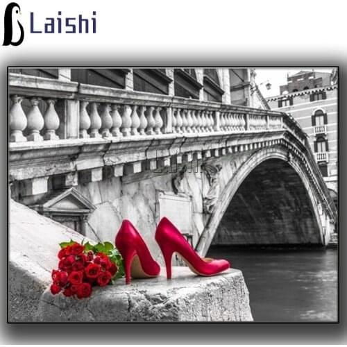 Full round Diamond embroidery Black and white buildings Red rose&shoes Diamond Painting Cross Stitch Rhinestone Mosaic decor