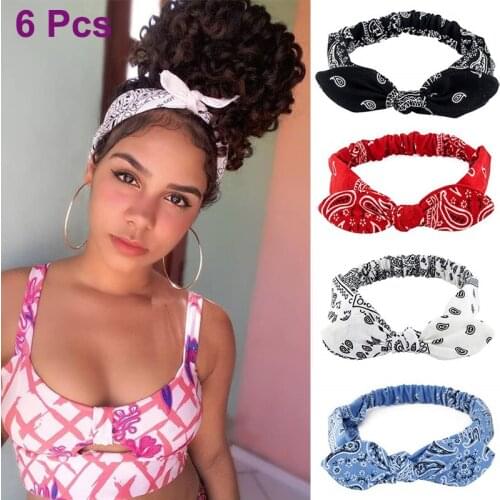 6 pcs Women Boho Bow Headbands Vintage Paisley Bandana Printed Hairband Elastic Rabbit Ear Head Wrap Cute Hair Accessories