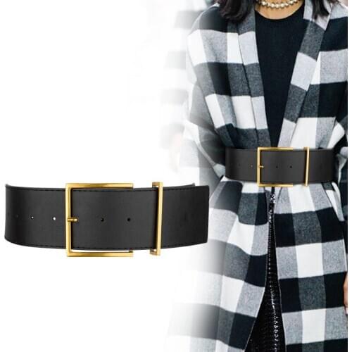 Fashion Women Wide Belt Vintage Gold Big Metal Pin Buckle waistbands Female Black PU Leather Belts Dress Coat Waist Corset Strap