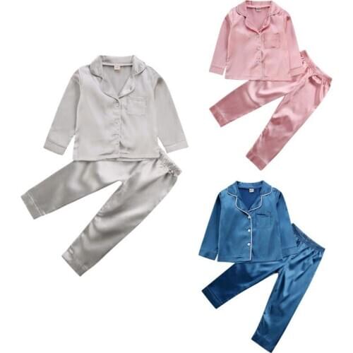 2020 Spring Autumn Toddler Girls Silk Satin Pajamas Set Kids Child Long sleeve Pjs Set Nightwear Sleepwear 1-7T
