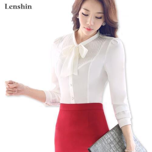 Lenshin Autumn womens Tie shirt long-sleeve slim bow blouse white office ladies blusa feminino tops