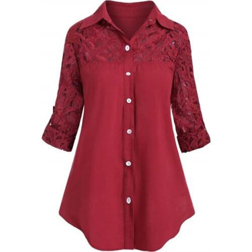 Tunic Women Large Size Button Lace Turn Down Collar Chiffon Blouse Lace Solid Ladies Long Sleeve Shirt New 2021 Туника Женская