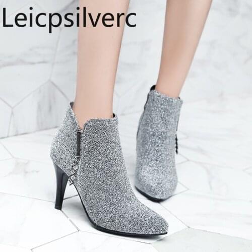Womens Boots Spring and autumn New Pointed zipper Metal Decoration Fine heel High heel Short tube Womens shoes plus size 32-43