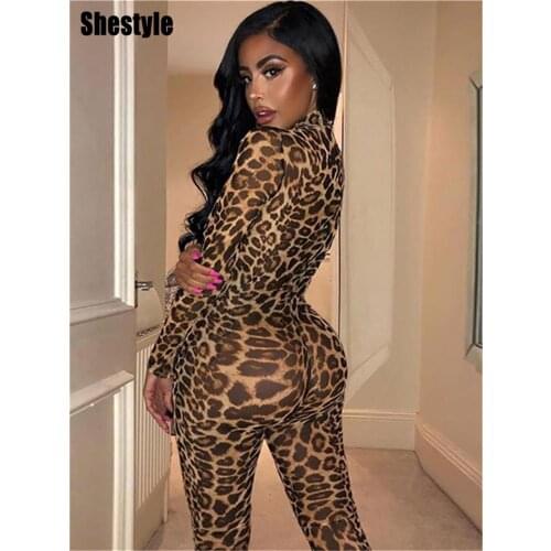 Shestyle Leopard Mesh Transparent Jumpsuit Women 2019 Yellow Bodycon Stretchy Long Animal Jumpsuits Sexy Female Dropshipping