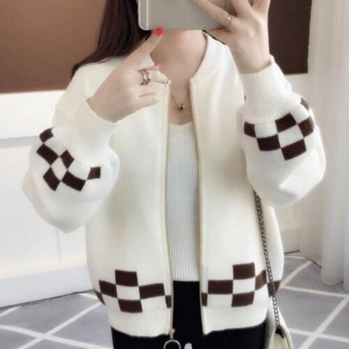 Womens Faux Cashmere Knitted Sweater With Zipper Autumn Winter Korean Long-sleeve Sweater Female Loose Short Knitting Jacket