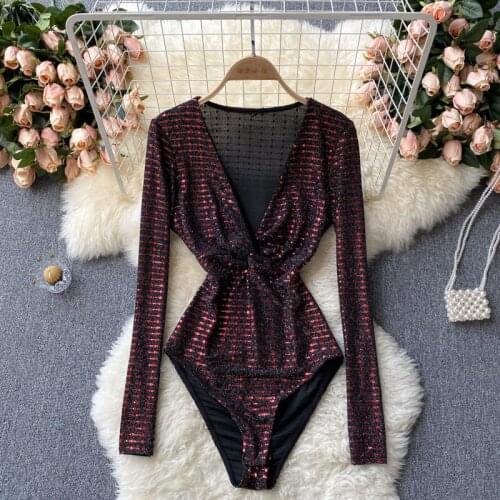 Sexy Twist Deep V-neck Long Sleeve Sequins Bodysuit Women Fashion Slim Body Top Streetwear 2021 Autumn Chic Club Overalls Top
