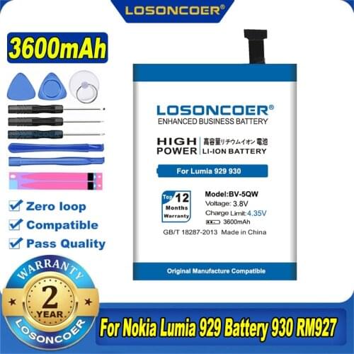 100% Original LOSONCOER NEW 3600mAh BV-5QW Mobile Phone Battery For Nokia Microsoft Lumia 930 RM927 Batteries