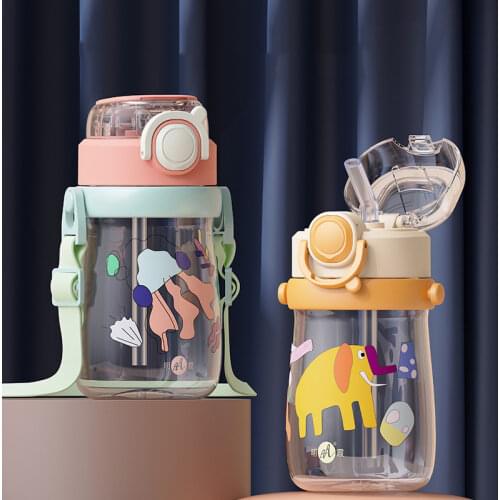 400ml Fashion Cartoon Strap Drink Plastic Portable Straw Bottle Cup for Baby Kid Children Student Outdoor School Elastic Cup Lid