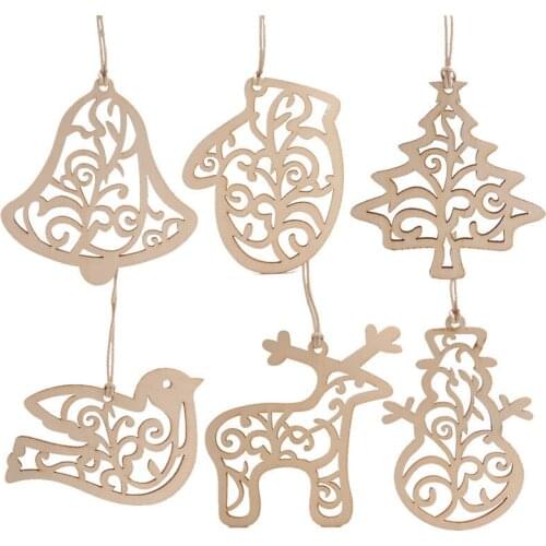 6 Pcs Merry Christmas Decoration Wooden Pendant Crafts Hollow Carving Christmas Tree DIY Pendant Home Decoration Ornament
