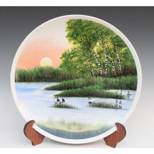 Antique Inmitation Ceramic Porcelain Decoration Plate Artistic Collection with Handpainted Crane and River Scenery Painting