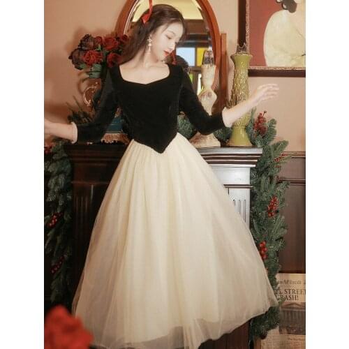 Ballet Dancer Dress Vintage Black Velvet Patchwork Beige Mesh Lace Petal Sleeve Retro Princess Dresses Lady Date Birthday Party