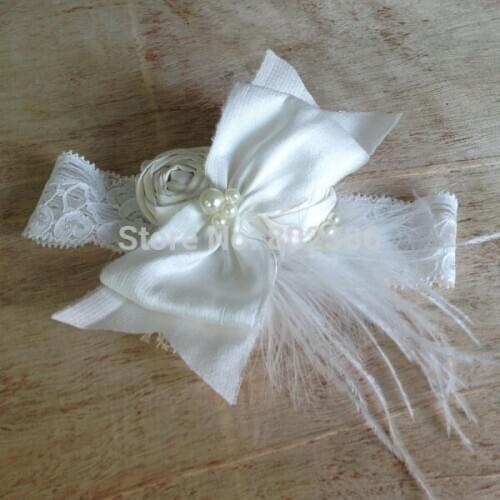 Free Shipping Ivory Dupioni Silk Roll Flower Ivory Ostrich Feather Dupioni Silk Bow Headband Kids Hair Accessories