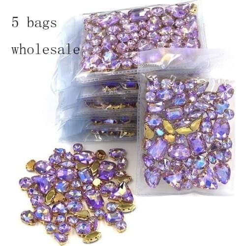 Free shipping Wholesale 5 bags mixed shape sew on glass Crystal Purple AB gold base rhinestones diy dress/Clothing accessories