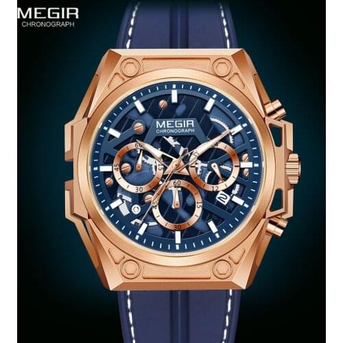 MEGIR Watch Men Luxury Blue Silicone Strap Wrist Watch for Man Waterproof Stainless Steel Chronograph Quartz Watches relogios