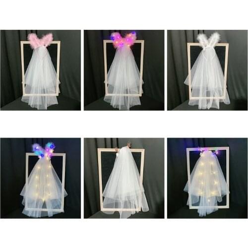 Double Layer Veil Hairband Bridal Headpiece with LED Light Rabbit Ears Antlers Headbadn Lovely Photo Prop Accessories