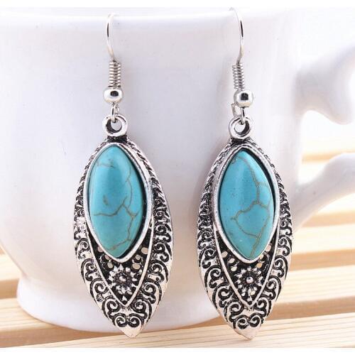 Ethnic Bohemia Silver Color Jewelry Blue Stone Drop Earring Hollow Carved Flower Dangle Earrings For Women