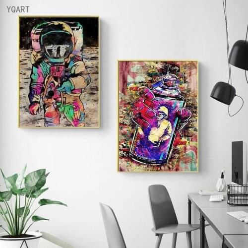 Graffiti Street Artwork of Astronaut and Wine Bottle Canvas Painting Prints Poster Modern Wall Art Picture for Living Room Decor