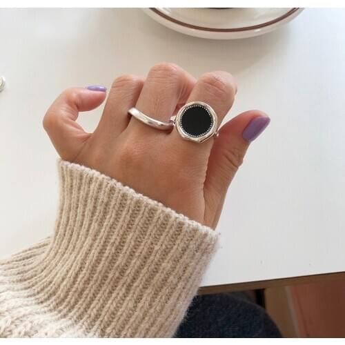 New hot Authentic S925 Sterling Silver FINE Jewelry Black Enamel ring Irregular Circle Rings Band Geometric adjust TLJ1078