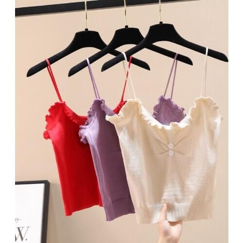 Korean Style Lace Knitted Short Vest Slim Bottoming T-shirt Women Twooden Ears All-match Tank Top