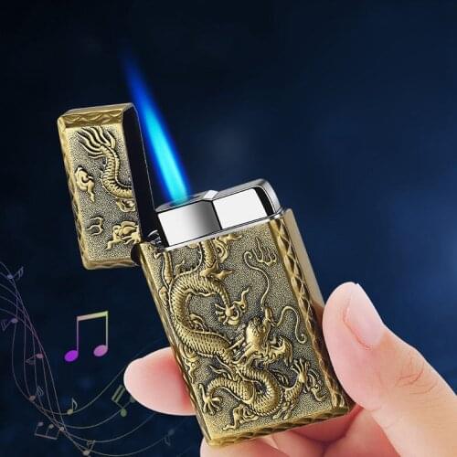 Metal Relief Square Butane Gas Lighters Blue Flame Retro Cigarette Cigar Lighters Mini Windproof Torch Lighter Gadgets For Men