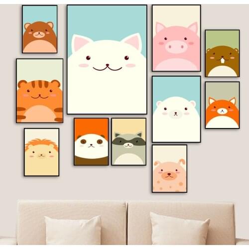 Cartoon Pig Bear Tiger Fox Lion Rabbit Canvas Painting Wall Art Cute Animal Posters Nordic Modular Picture Kids Baby Room Decor