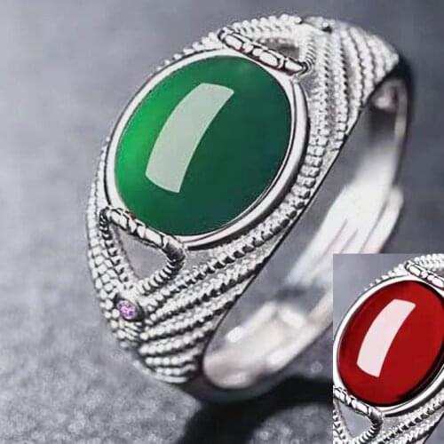 Unique Red Green Ring Vintage Carved Flower Created Red Green Crystal Men Cocktail Finger Ring Fine Jewelry