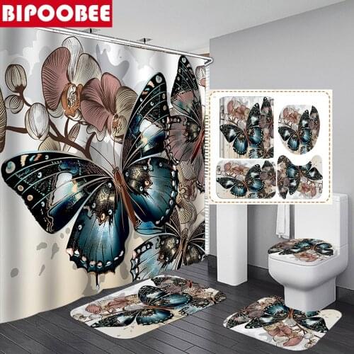 Butterfly Flowers Series Print Shower Curtain Set for Bathroom Decor Toilet Seat Cover Rugs Non-slip Bath Mat Bathtub Curtains