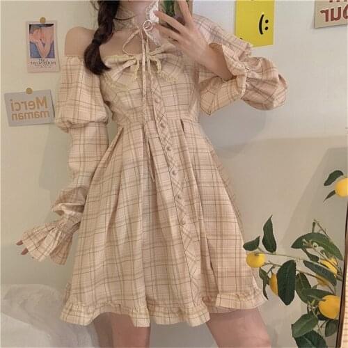 New Japanese Lolita Style Autumn Women Princess Dress Square Collar Plaid Bow Fairy Dress Puff Sleeve Cute Kawaii Ruffles Dress
