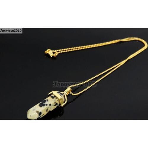 Natural Dalmation Spots Gems Stones Hexagonal Pointed Healing Reiki Chakra Pendant Beads Gold 17'' Chain Necklace 5 Sets/Pack