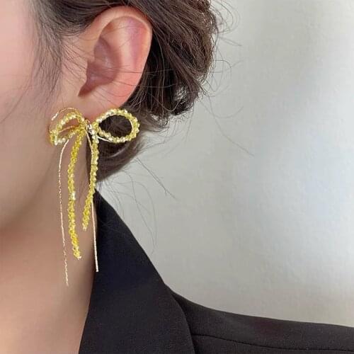 Origin Summer Exquisite Crystal Bow-knot Dangle Earring for Women Girls Double Layer Hollow Out Long Tassel Earring Pendientes