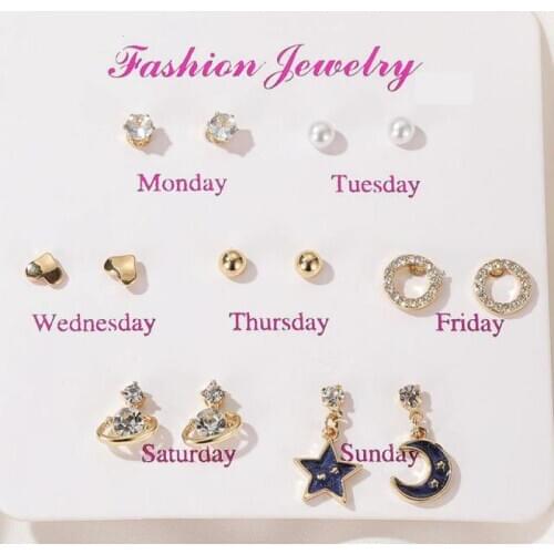 One Week Korean Earrings 7-pairs Set Stud Earrings For Women New Earing Jewelry Heart Star Cherry Crystal Earing Set Kolczyki