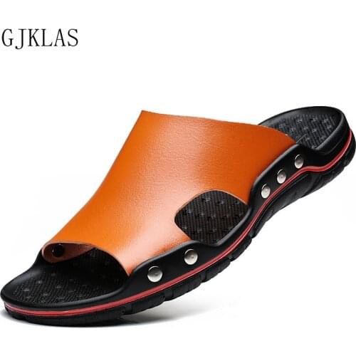 Genuine Leather Slippers Male Beach Shoes Summer Casuales Fashion Big Size 48 Men Slippers Real Leather Sandals for Men Outdoor