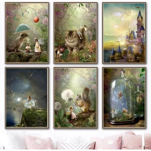Nordic Fairy Tale Girls Angels & Animal Posters Prints Canvas Art Painting Wall Art Nursery Decorative Picture Kids Room Decor