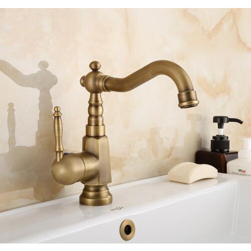 Basin Faucets Antique Brass Swivel Spout Bathroom Sink Mixer Faucet Deck Mounted Hot and Cold Water Single Hole Mixer Taps