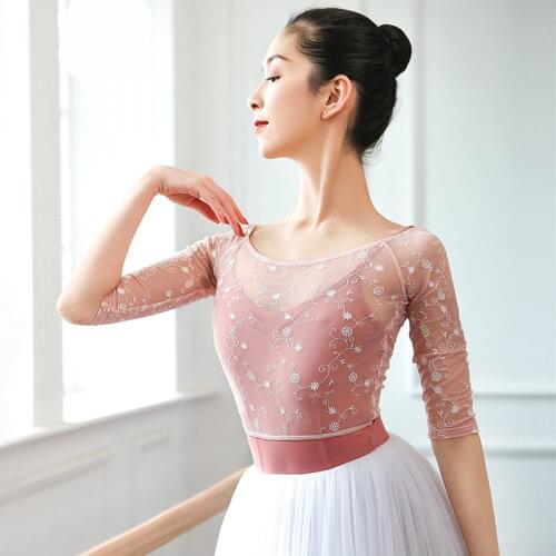 Embroidered Flower Ballet Net Yarn Tops Women Adult Dance Practice Clothes Gymnastics Womens Body Gauze Dance Top