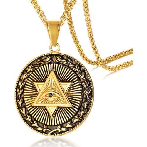 Triangle Illuminati All Eyes Gold Stainless Steel Masonic Necklace Star of David Round Pendants Necklaces Men Hip Hop Jewelry